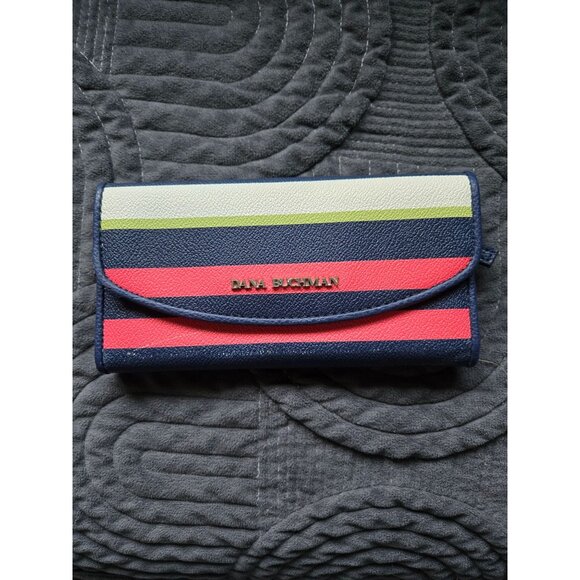 Dana Buchman Tri-Fold Striped Wallet Navy Coral Lime Gold Pre-Loved - Picture 1 of 5